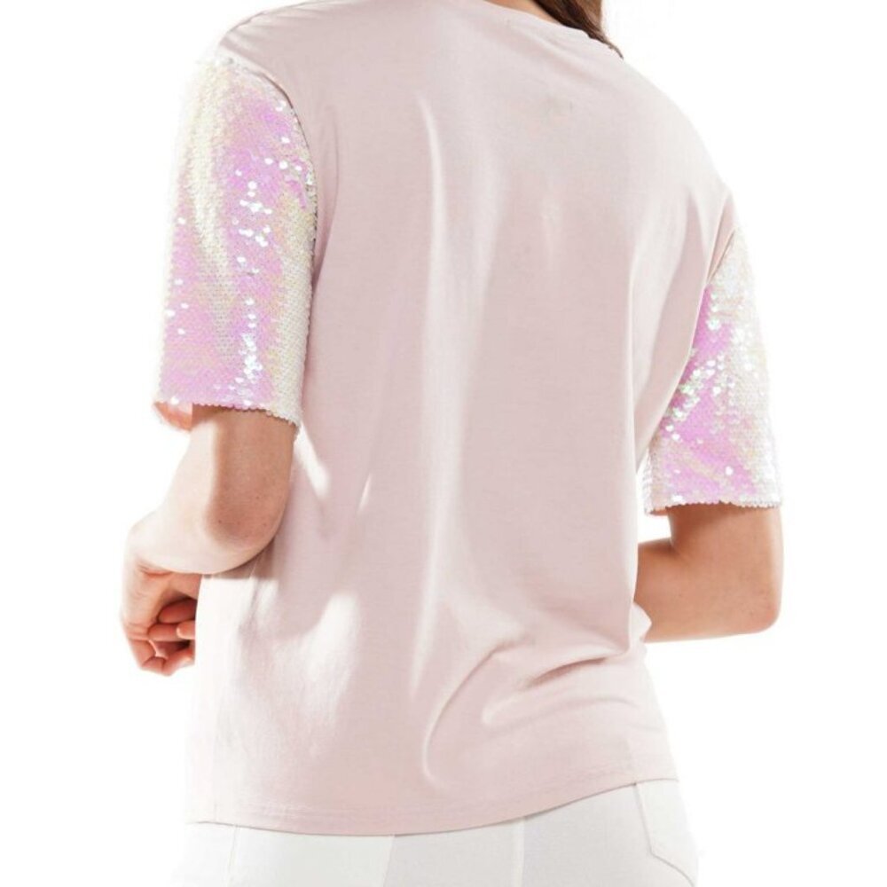Why Dress Sequin Sleeve Screen Printed T-Shirt Pink- Small - Picture 11 of 15